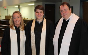 At Sarah Combs' ordination are (left to right) Rev. Mary Heath, Rev. Sarah Combs, and Rev. Don Heath.